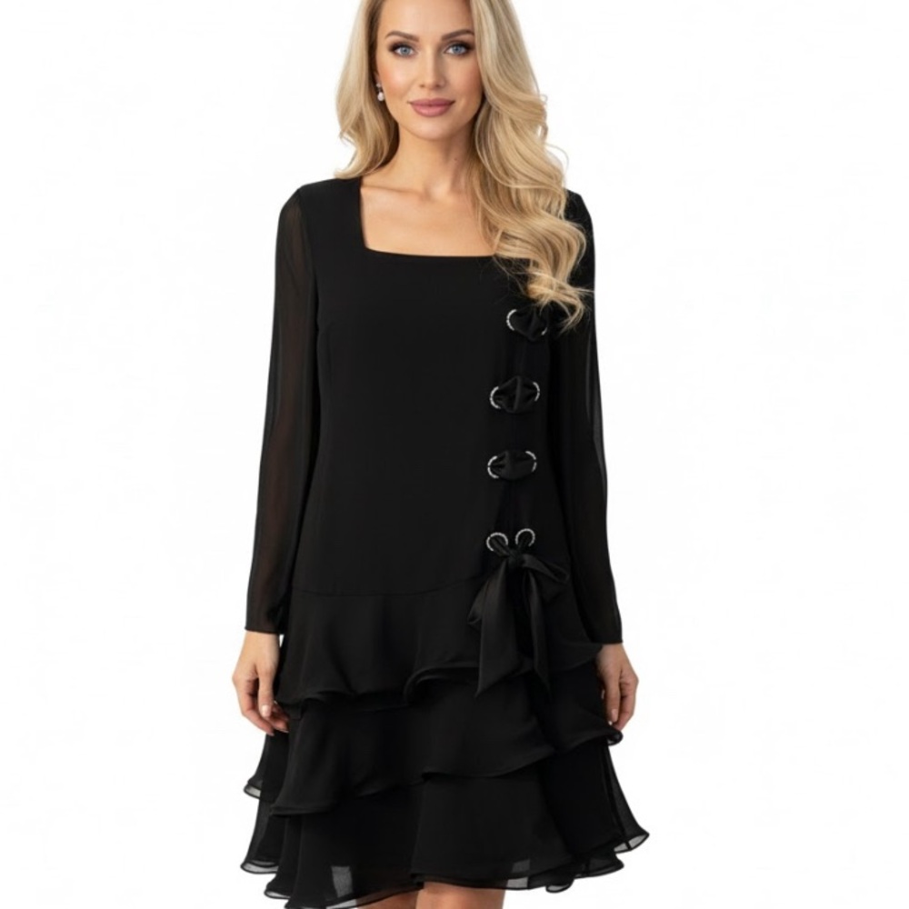 Vintage 80 90s Black Long Sleeve Party Dress Tiered Layers Wired Piping Feminine